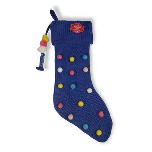 Holiday Time Blue Poms Knit 21 in Christmas Stocking with Tassels New